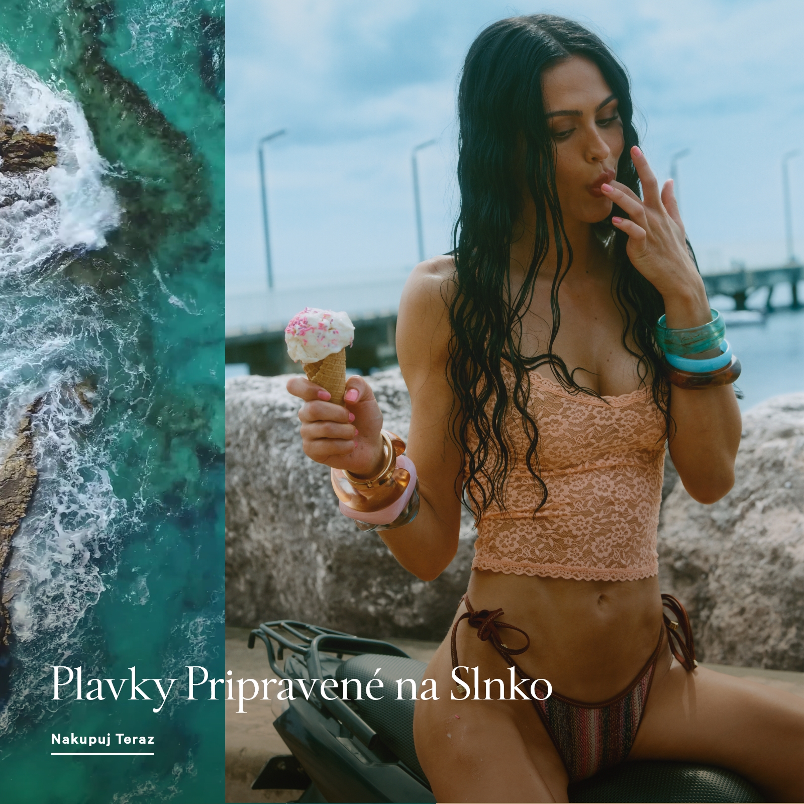 Victoria's Secret summer swim banner featuring a model holding a drink by the water