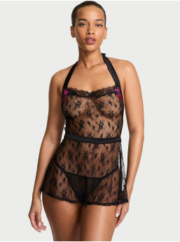 Čipkový Babydoll Set So Zástierkou S Čerešňovou Výšivkou