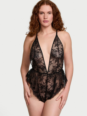 Ružová Čipka Plunge Flutter Romper