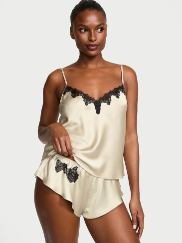 Saténová Súprava Rose Lace-Trim Cami & Flutter Short