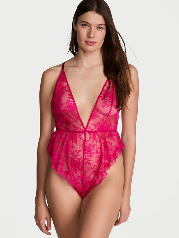 Ružová Čipka Plunge Flutter Romper