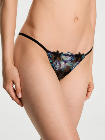 Electric Orchid Vyšívané String Bikini Nohavičky s Otvoreným Chrbtom