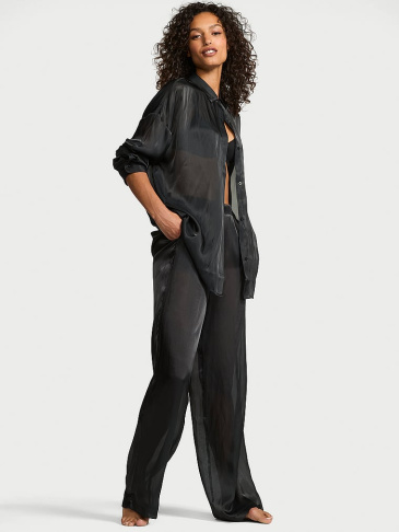 Luxusná Priesvitná Saténová Dlhá Pyžamová Súprava Na Gombíky
