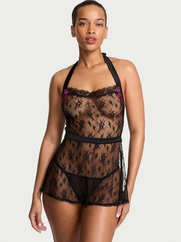 Čipkový Babydoll Set So Zástierkou S Čerešňovou Výšivkou