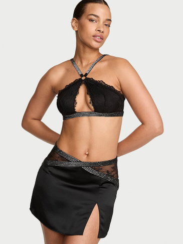 Súprava čipkovaného halter bralet topu a mini sukne s lesklými ramienkami