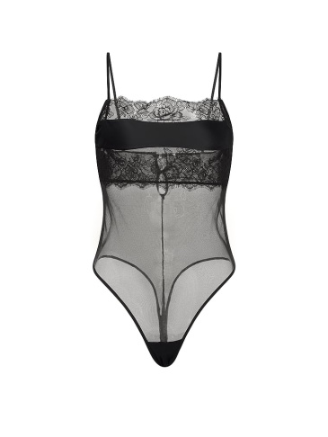 Rose Lace & Mesh Straight-Neck Bodysuit