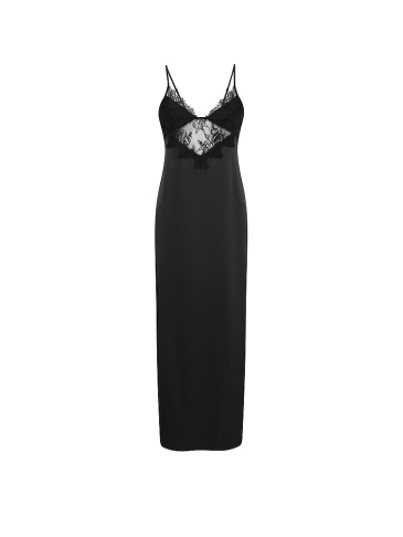 Satin Rose Lace High-Slit Maxi Slip Dress
