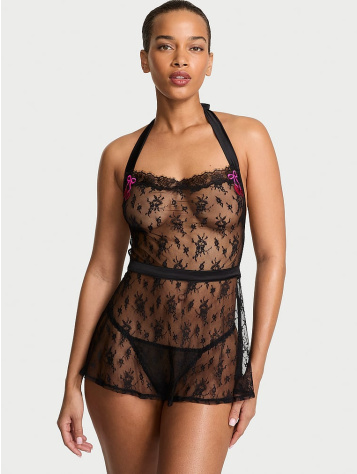 Čipkový Babydoll Set So Zástierkou S Čerešňovou Výšivkou