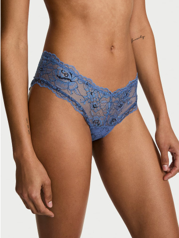Cheeky nohavičky s vysokým vykrojením, čipkou a denim ružou