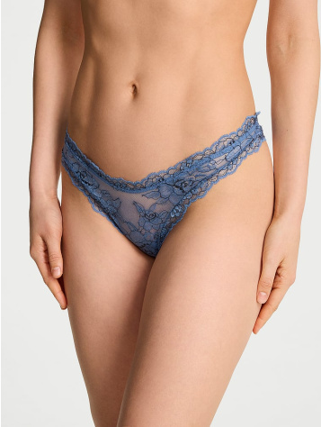 Tangá nohavičky s vysokým vykrojením, čipkou a denim ružou