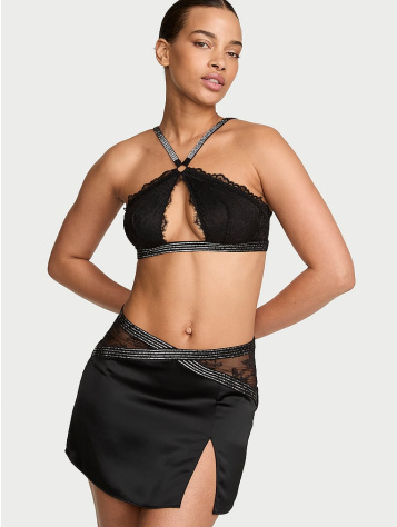 Súprava čipkovaného halter bralet topu a mini sukne s lesklými ramienkami